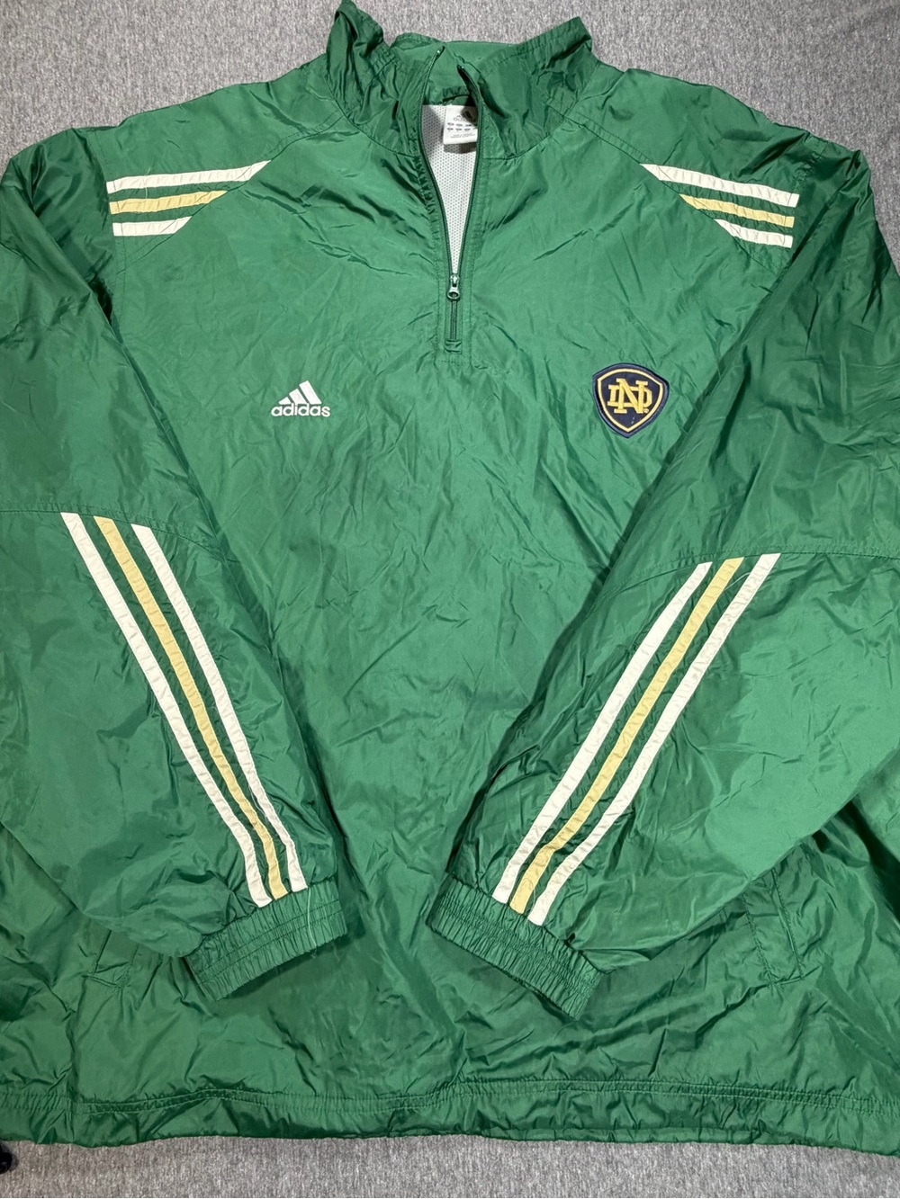 Notre Dame Adidas Green/White 1/4 Zip Mesh Lined Nylon Windbreaker Mens XL